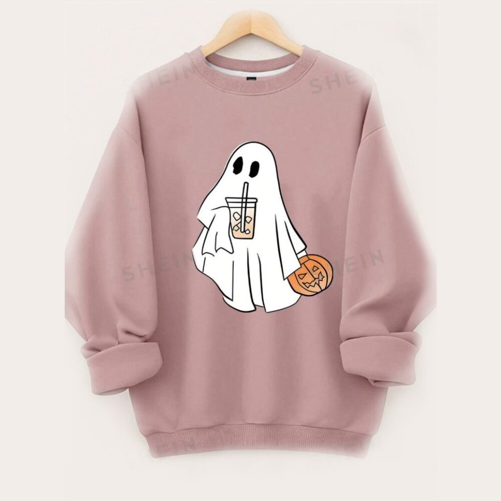 SHEIN Baby Pink Latte Coffee Ghost Graphic Soft Sweater, XL, NWT